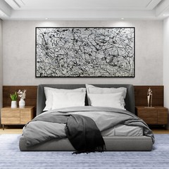 XXL Jackson Pollock Style Black & White Abstract Art Textured Painting 78×39 in