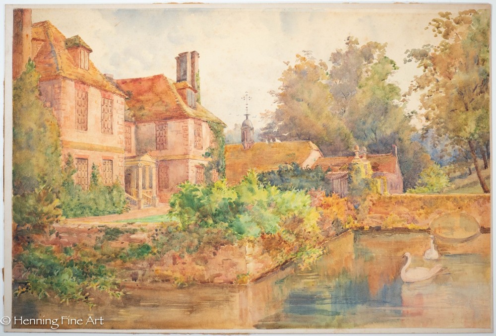 Stunning Antique Painting of English Village with Swans, Warm & Homey, Fine!
