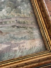 Antique 1890s-1920s Watercolor Rural Road Landscape Painting Gold Framed 9×14