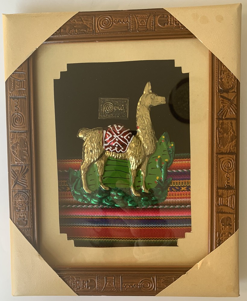 Peruvian PERU Folk Art Alpaca 🦙 Fabric Framed 8”X10” Unused Souvenir