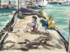 Harbor Scene Boats California Landscape Watercolor Painting by Nevalda Bartolini