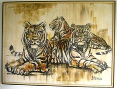 60s or 70s Large 3 Tigers 31″ X 41″ Painting signed Petterson small frame includ