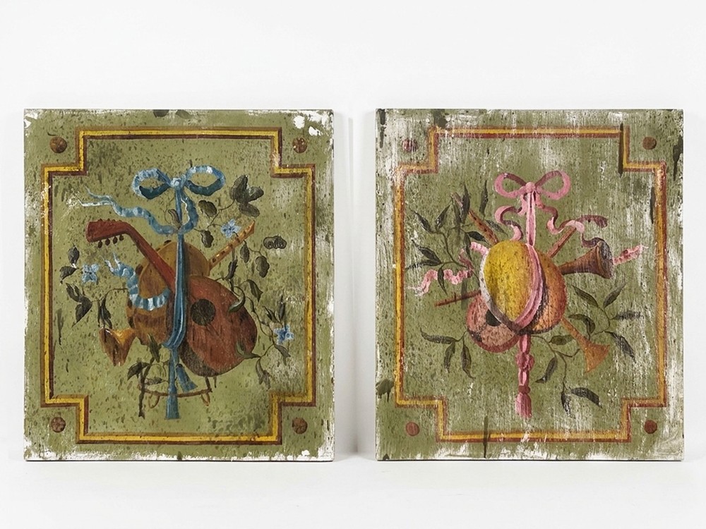 Pair of Large French Louis XVI Style Painted Oil on Wood Trophy Paintings
