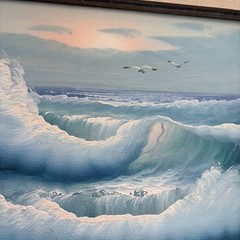 Vintage Canvas Painting Wood Frame morning light Waves Signed By Artist