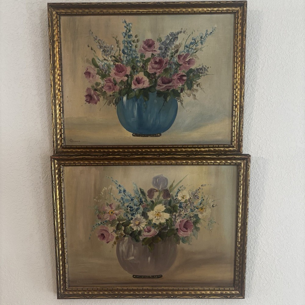 Vintage Set Of 2 Signed Floral Still Life Paintings