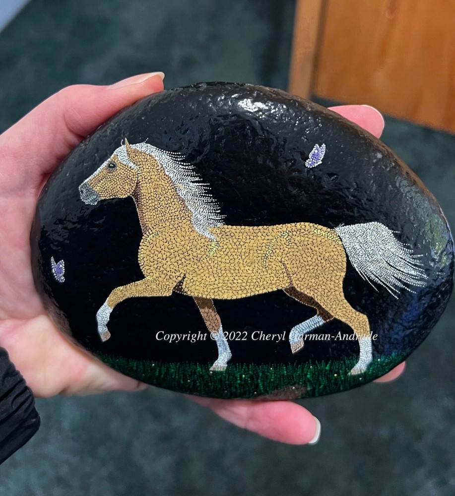 Original Pointillism Dot Painted Stone Prancing Palomino Horse by Cheryl Andrade