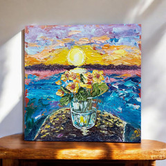 Sunrise Modern Original Painting Seascape Flowers Stone Hendmade Wall Art OOAK