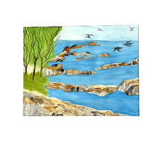 PAINTING WATERCOLOR ART WATER TREES BLUE GREEN BROWN BLACK GRAY 11X14 MAT 16X20