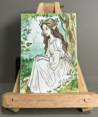 ACEO Original Watercolor OOAK Painting Woodland Elf Floral Crown Fantasy Portrai