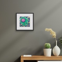 Original Abstract Cosmic Watercolor – Purple Core, Green Energy, 9.8×9.8 in