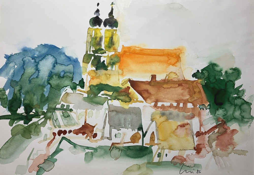 „Monastery Village on the Lake“, Hungary“, Heinrich G. Noé, 1986, Watercolor, 47×34 cm