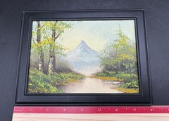 Impressionist Oil Painting Original Signed Black Framed Mtn River Trees 8”x6”