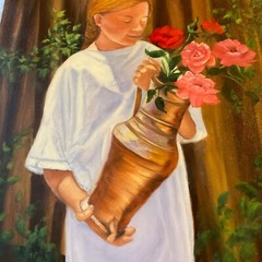 Girl with flowers Young woman portrait original painting Vintage 90s roses