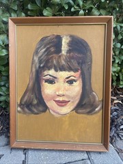 Vtg Painted Portrait of French Girl, Signed Oil Painting on Board