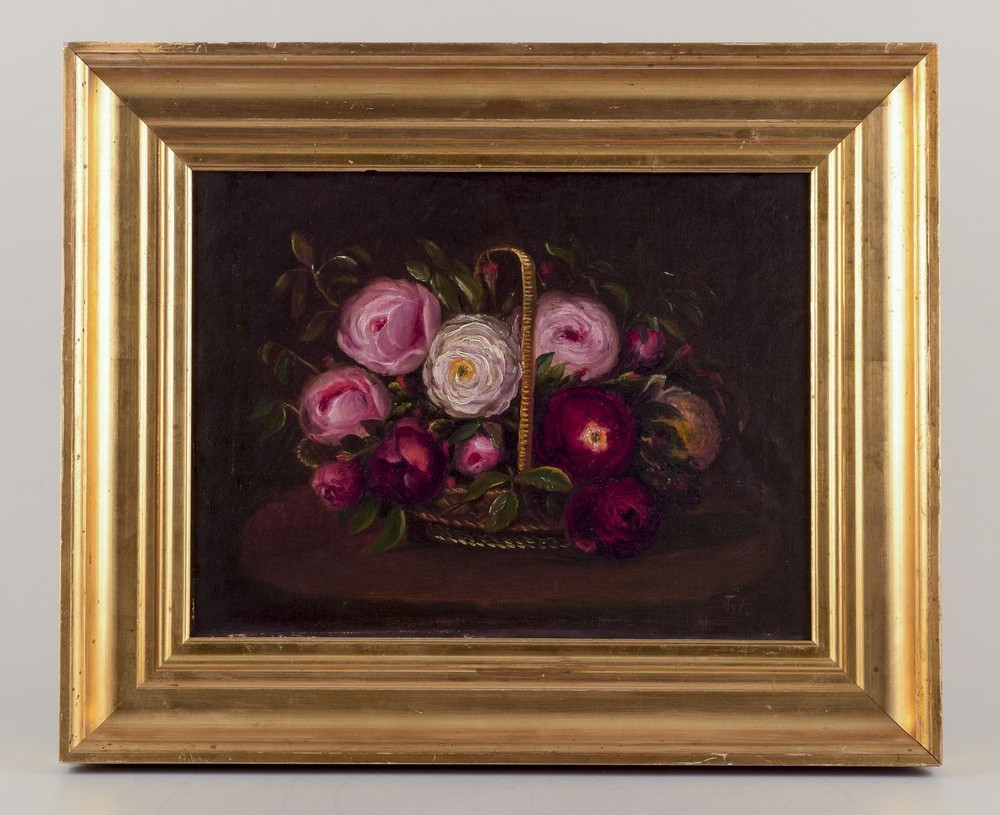 Danish painter. Oil on canvas. Still life with roses in basket. Late 19th C