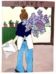 Original Abstract Painting, Woman, Market, Lilacs, 9×11, artist Frances Funnch