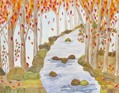PAINTING WATERCOLOR 11X14 AND WHITE MAT 16X20 FALL TREES CREEK FOREST LANDSCAPE
