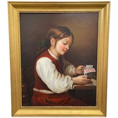 Large British Early Victorian Oil Painting Girl Playing House Of Cards