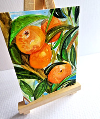ACEO original miniature watercolor Oranges hanging art by CRC
