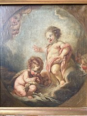 Antique French Rare Religious Large Oil on Canvas Painting Framed 19th Century