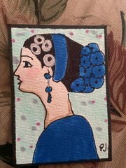 ACEO watercolor art by PJ, art card 2.5 x 3.5: lady in blue.