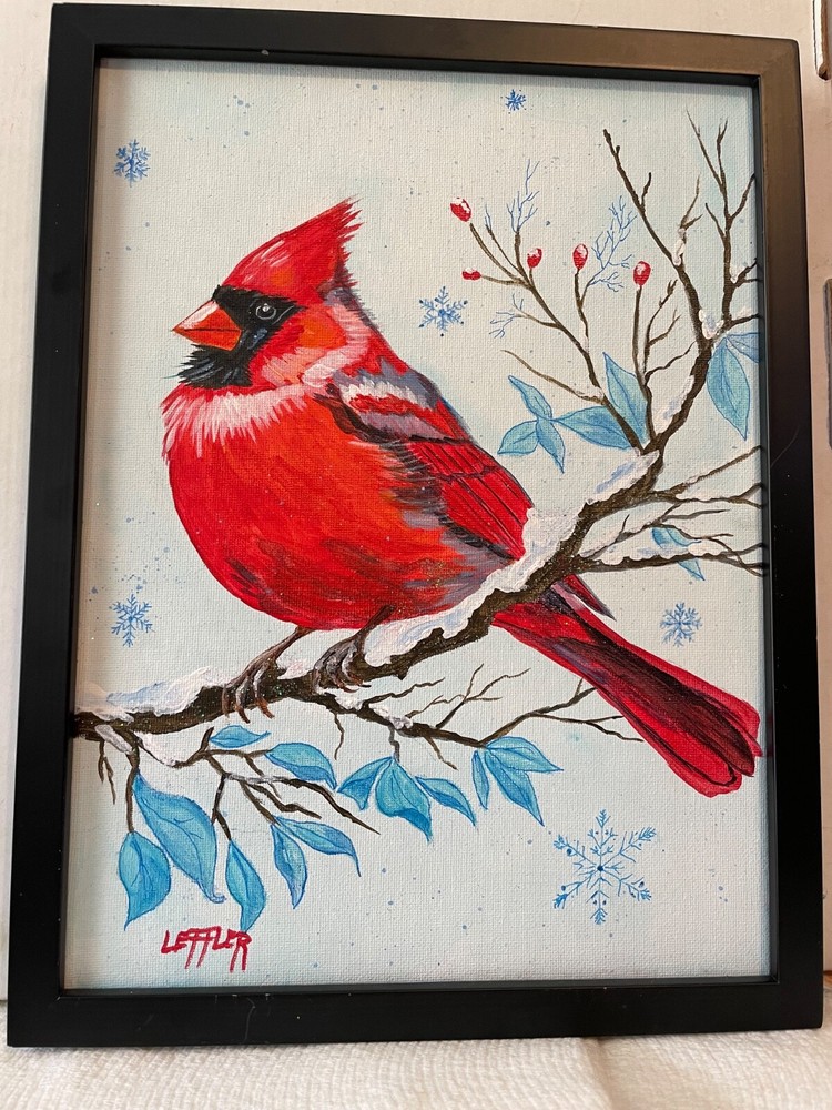 9 x 12 Framed Original Acrylic Painting with Pen………“ Cardinal in the Snow“