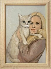 Portrait with Cat Oil Painting White Kitten Wall Art Beautiful Girl Pet Woman