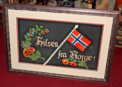 Original Norway Flag Painting Hilsen Fra Norge Colorful Flag Flowers Framed