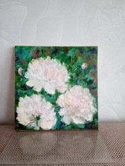 peonies original oil painting, white peonies wall art, square flower painting