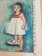 Vintage Original Portait Painting Girl Barefoot Oversize Shoe 1991 Signed 11×15