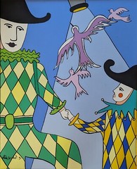 Alain Despert, Jesters and Doves, Acrylic on Canvas, A Bora Bora Artist