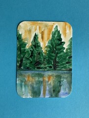 „Trees on Lake“ Original aacrylic painting trading card signed by artist