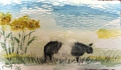 Original Miniature Watercolor Cow- Sunflowers-Collectible-Not A Print!