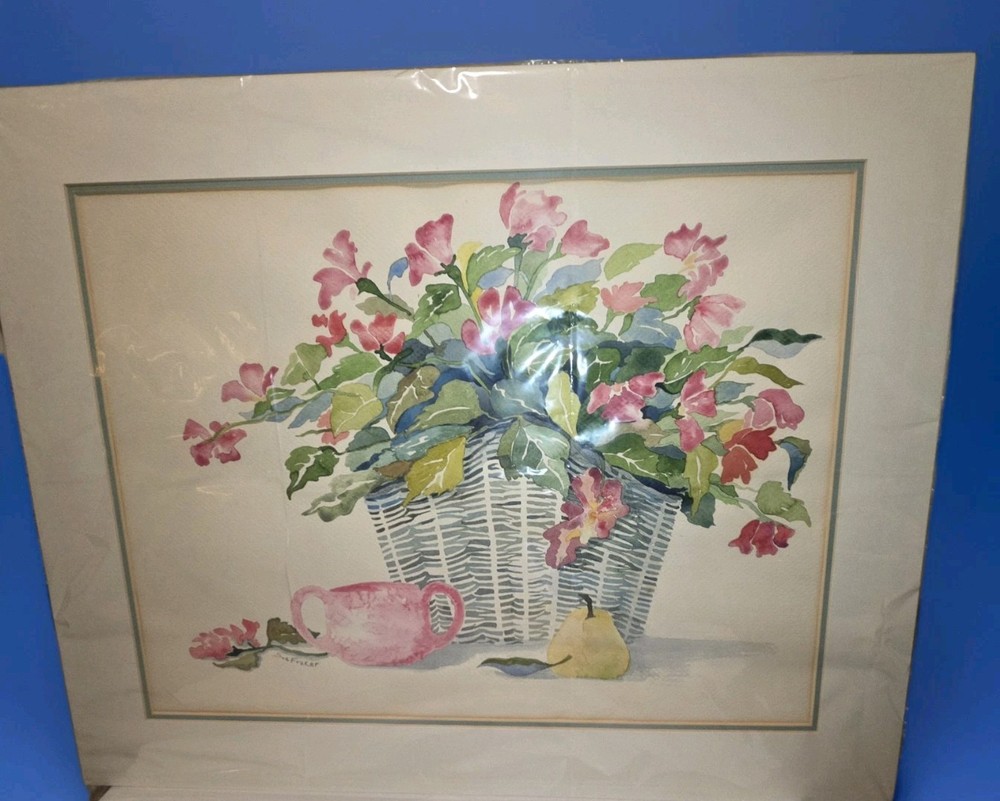 Original Suzanne Fraker Watercolor Painting Still Life Floral Basket Colorful