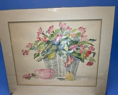 Original Suzanne Fraker Watercolor Painting Still Life Floral Basket Colorful