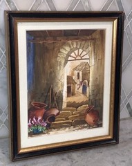 Vtg Neva Stone Arch Pink Flowers Architecture W/C Painting 8.75”W 10.5”T Framed