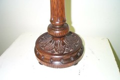 American Carved Oak Lamp w/ Painted Tole Shade, c1910