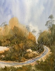 ORIGINAL 9”X12″ Watercolor By PAMELA WILHELM Dry Creek Autumn Birds Eye View