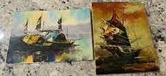 VTG Hong Kong Harbor Boat Seascape Set of 2 Small Oil Paintings by Refugees 60s