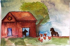 Horse Barn With Chickens Contemporary Expressionist Original Watercolor 5×7