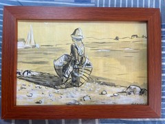 WINSLOW HOMER DRAWING ON ANTIQUE PAPER, FRAMED ON WOOD, SIGNED AND SEALED