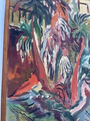 LARGE PAINTING MID CENTURY LANDSCAPE COASTAL TROPICAL PALMS MODERNIST MYSTERY