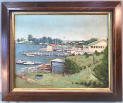 Circa 1950s Oil Painting Lake Scene Framed