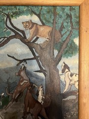 Orig. Vintage Western Hunting Painting Hunter Cowboy Bobcat Cougar Hunting Dogs