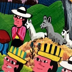 VTG Tigua Folk Art set 2 Ecuador Wedding 2001 Hand painted Sheepskin 4×3
