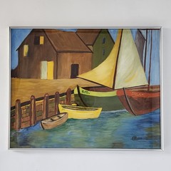 Vintage Mid-Century Oil Painting Harbor Scene Sailboats Nautical MCM Signed Art