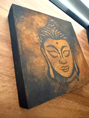 Small Art Contemporary Abstract Buddha Painting on Wood Panel Shelf Sitter