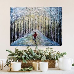 Original Winter Ski Painting 24×20 Textured Snow Forest Wall Art Signed