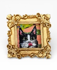 TEENY MINI • Cat with Fish in mind watercolor animal print in TINY ornate frame
