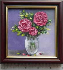 Original Oil Painting Still Life Roses in a Vase Framed Small Wall Art 4 x 4 in